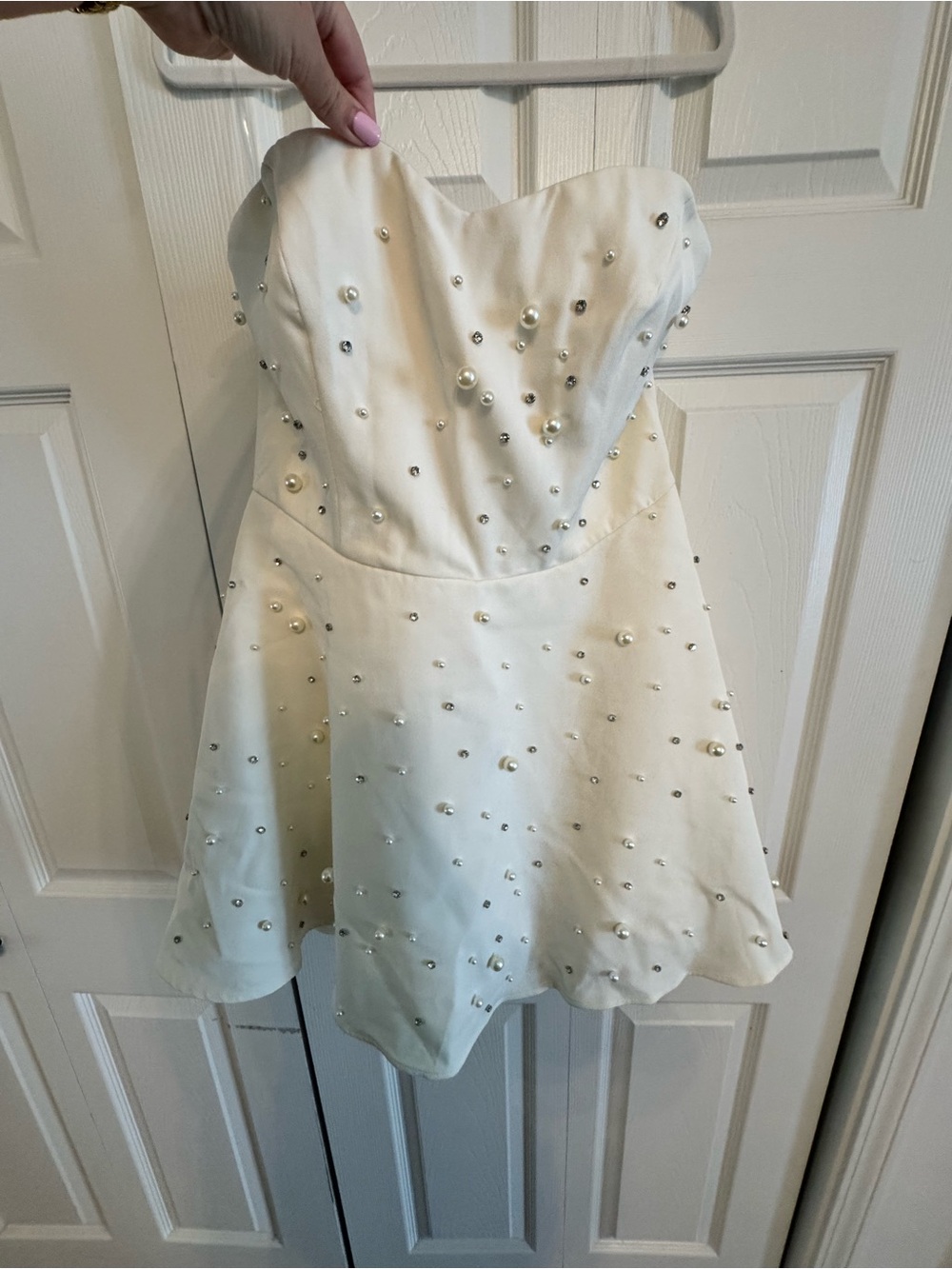 Fashion Nova Strapless Pearl & Crystal Embellished Mini Dress - Cream
